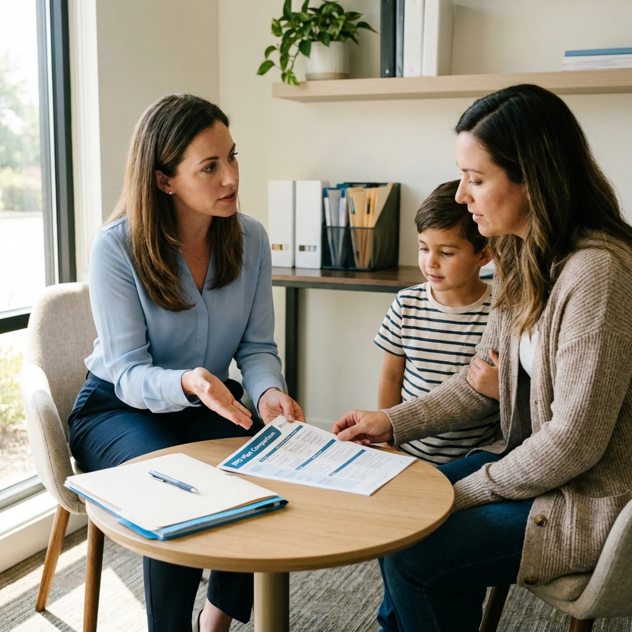 Doctor talking with a parent and child during a healthcare consultation