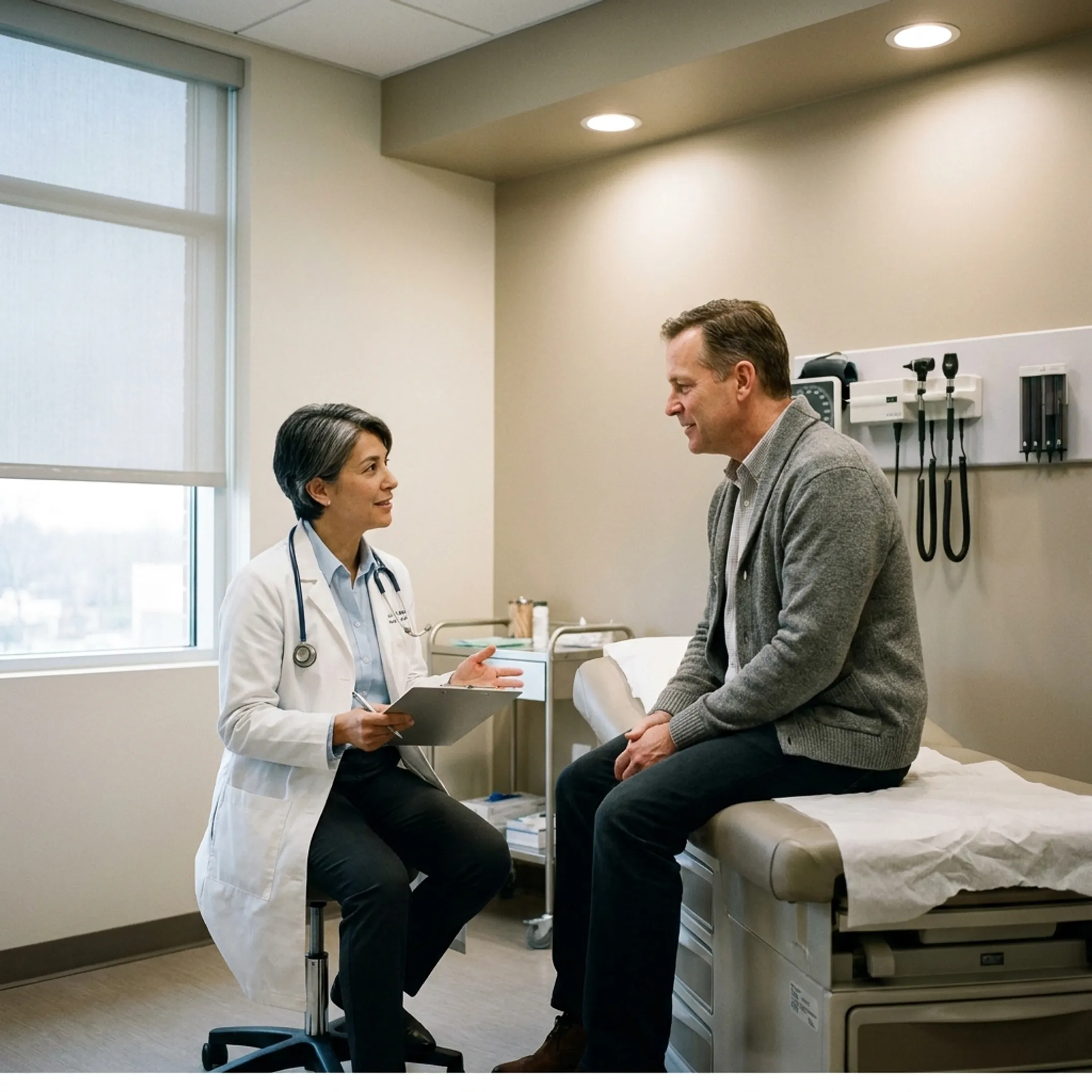 Doctor discussing medical options with a patient in an examination room