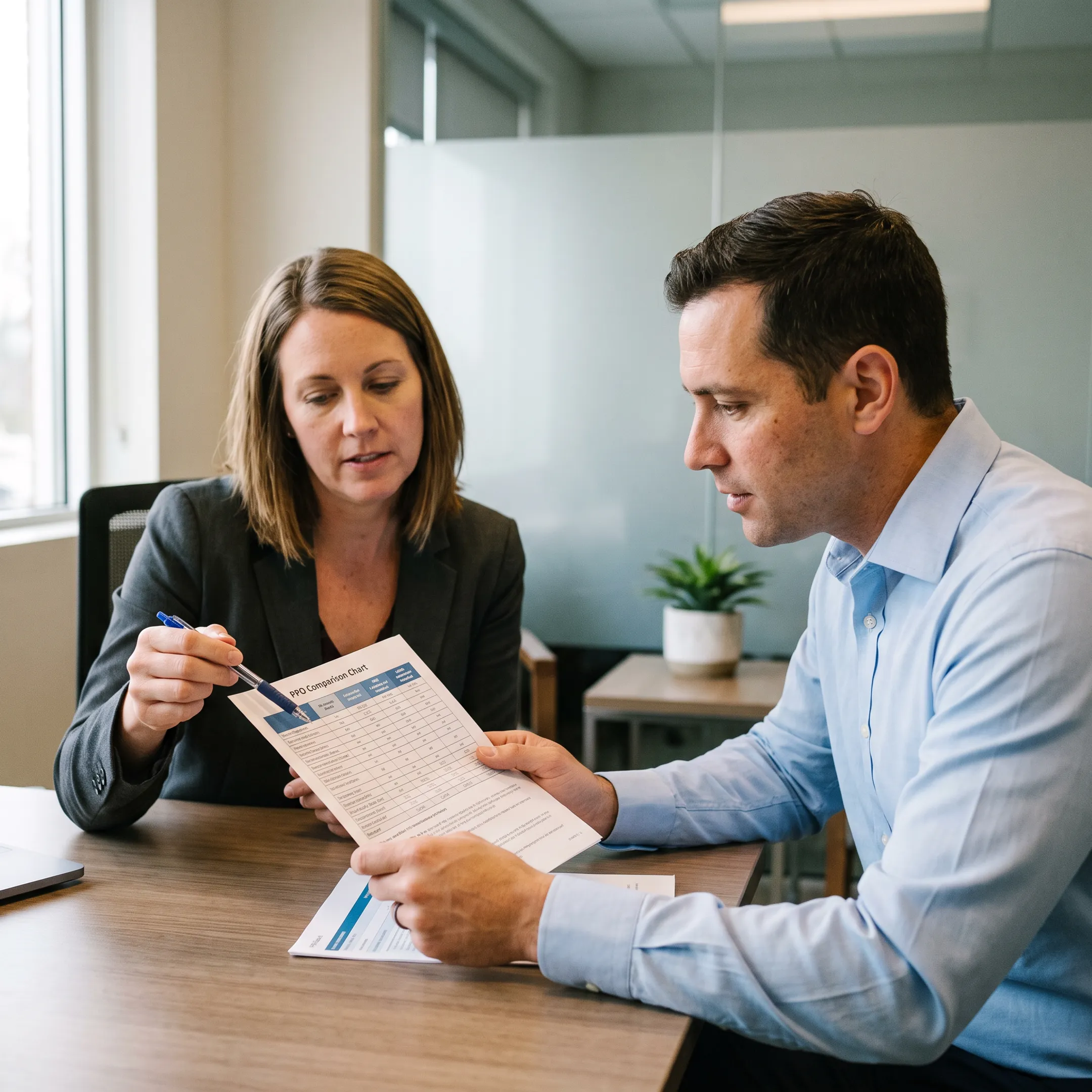 Advisor comparing healthcare policy options on a digital tablet with a client