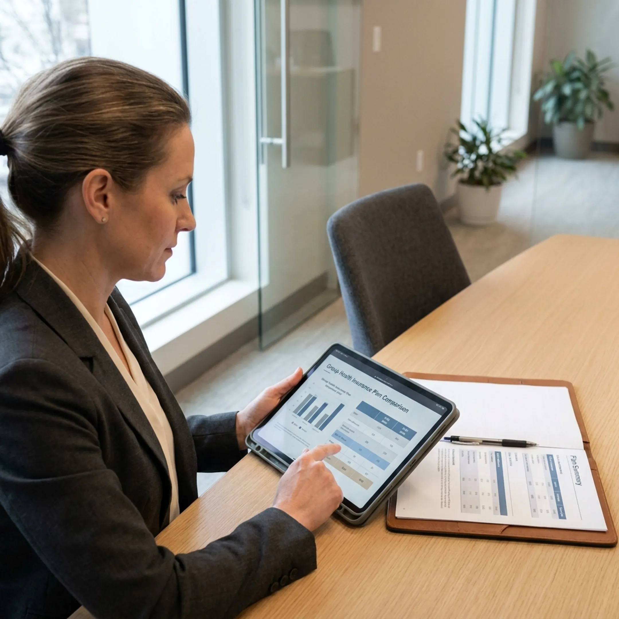 Business manager comparing employee health benefit plan options on a tablet screen