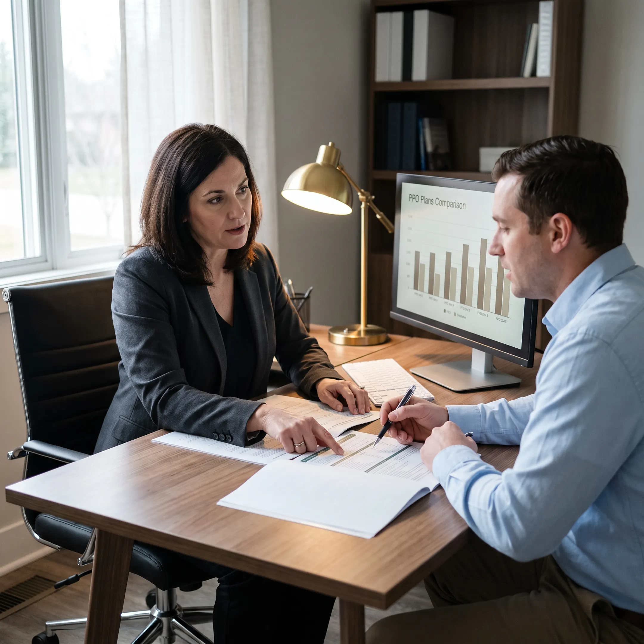 Healthcare advisor reviewing PPO insurance plans for a client in Vancouver Washington