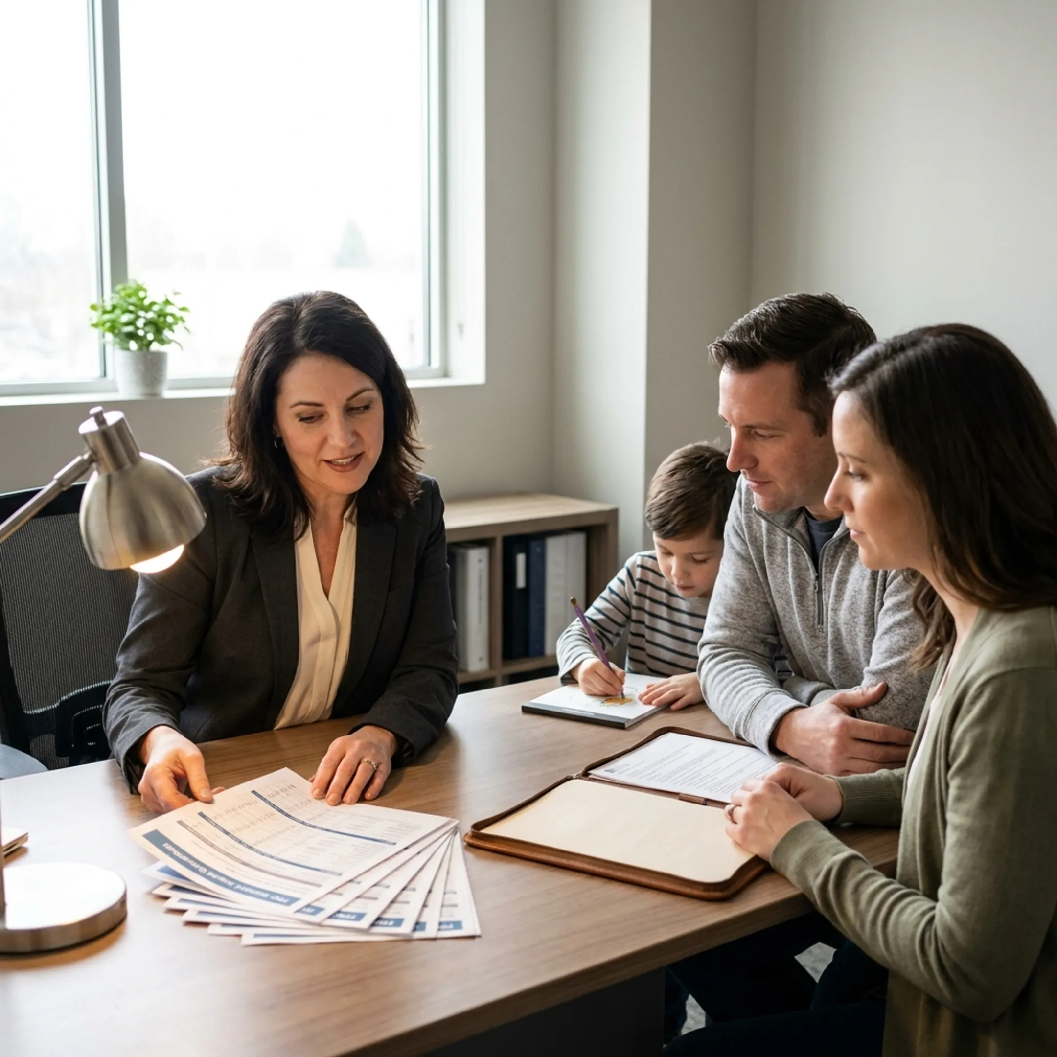 Advisor guiding family through health plan comparison