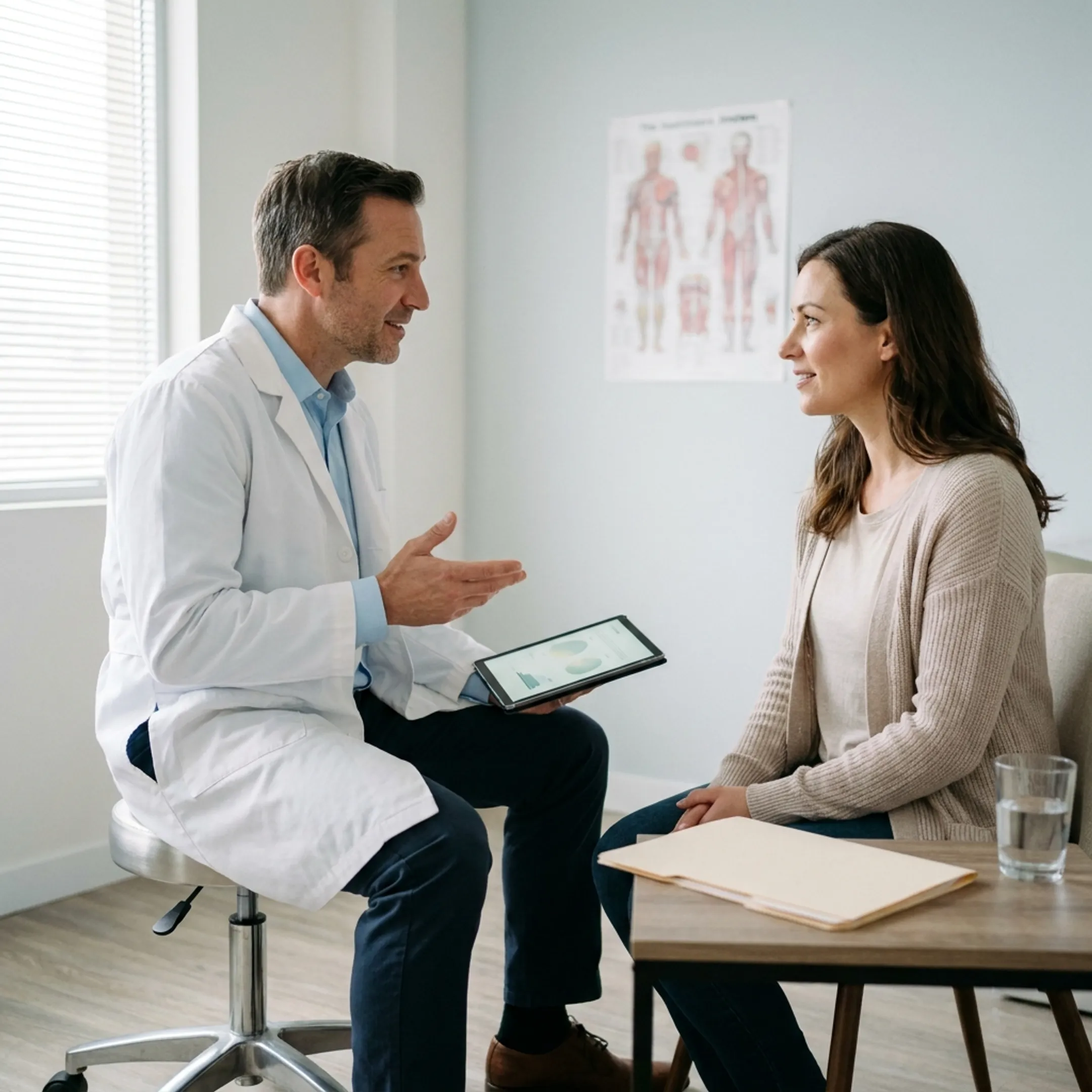 Doctor discussing medical treatment plans with a patient in a modern healthcare clinic