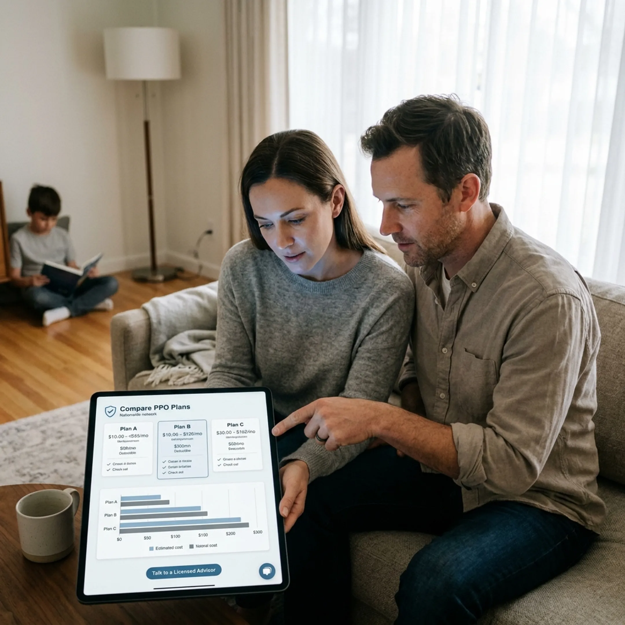 A Colorado family consulting health insurance plan options on a digital tablet at home