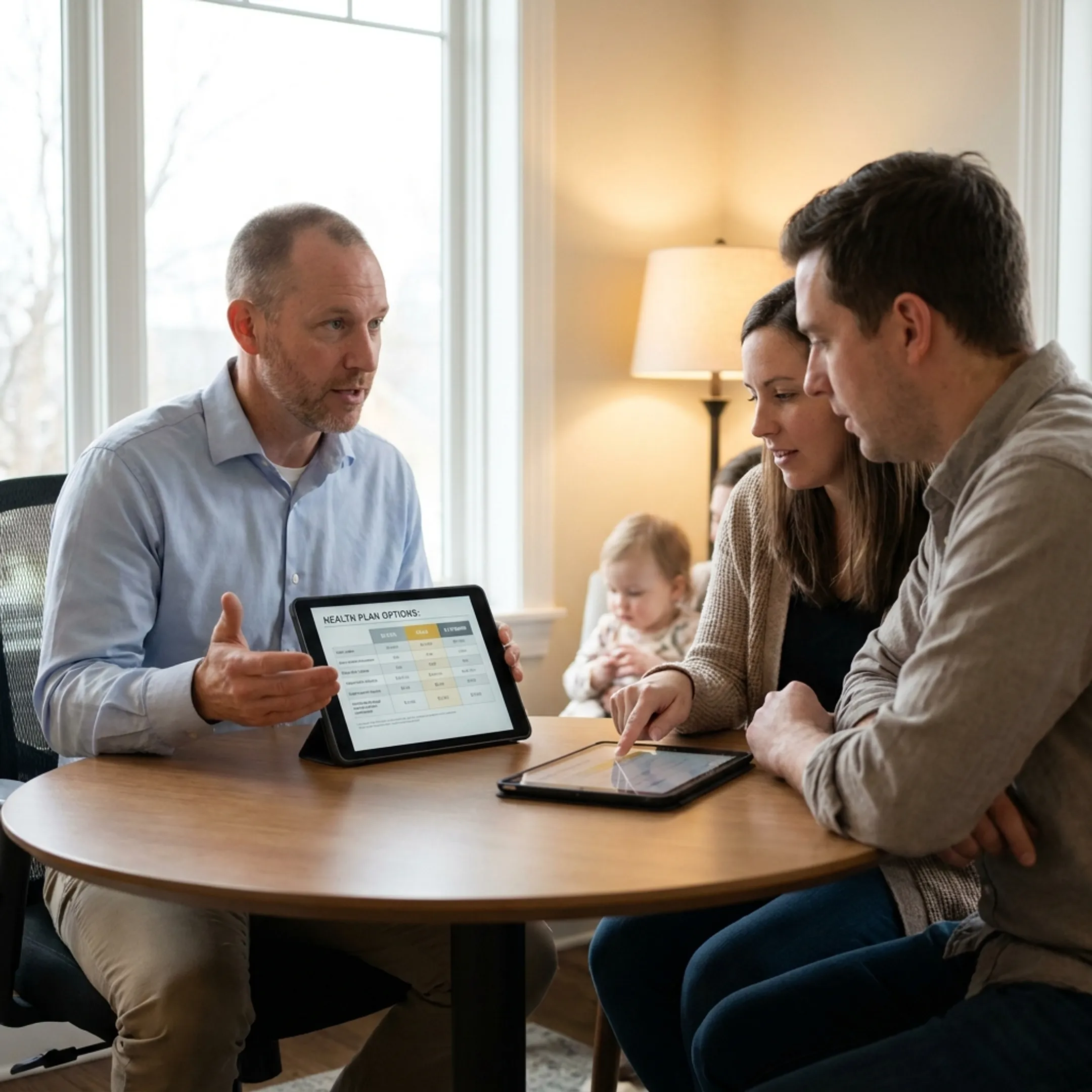 Family discussing health coverage options with an insurance advisor