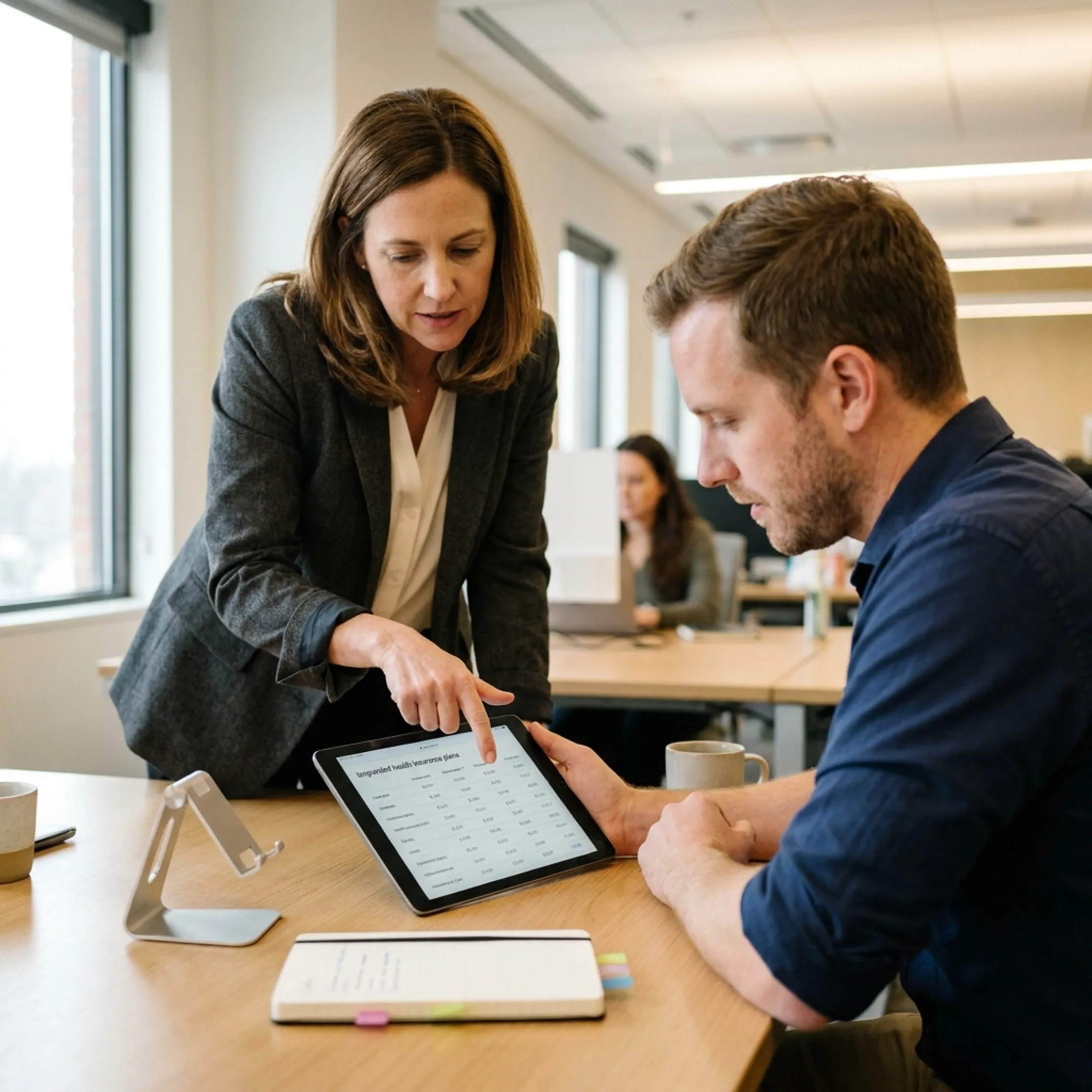 Team reviewing employee health benefit options on a tablet