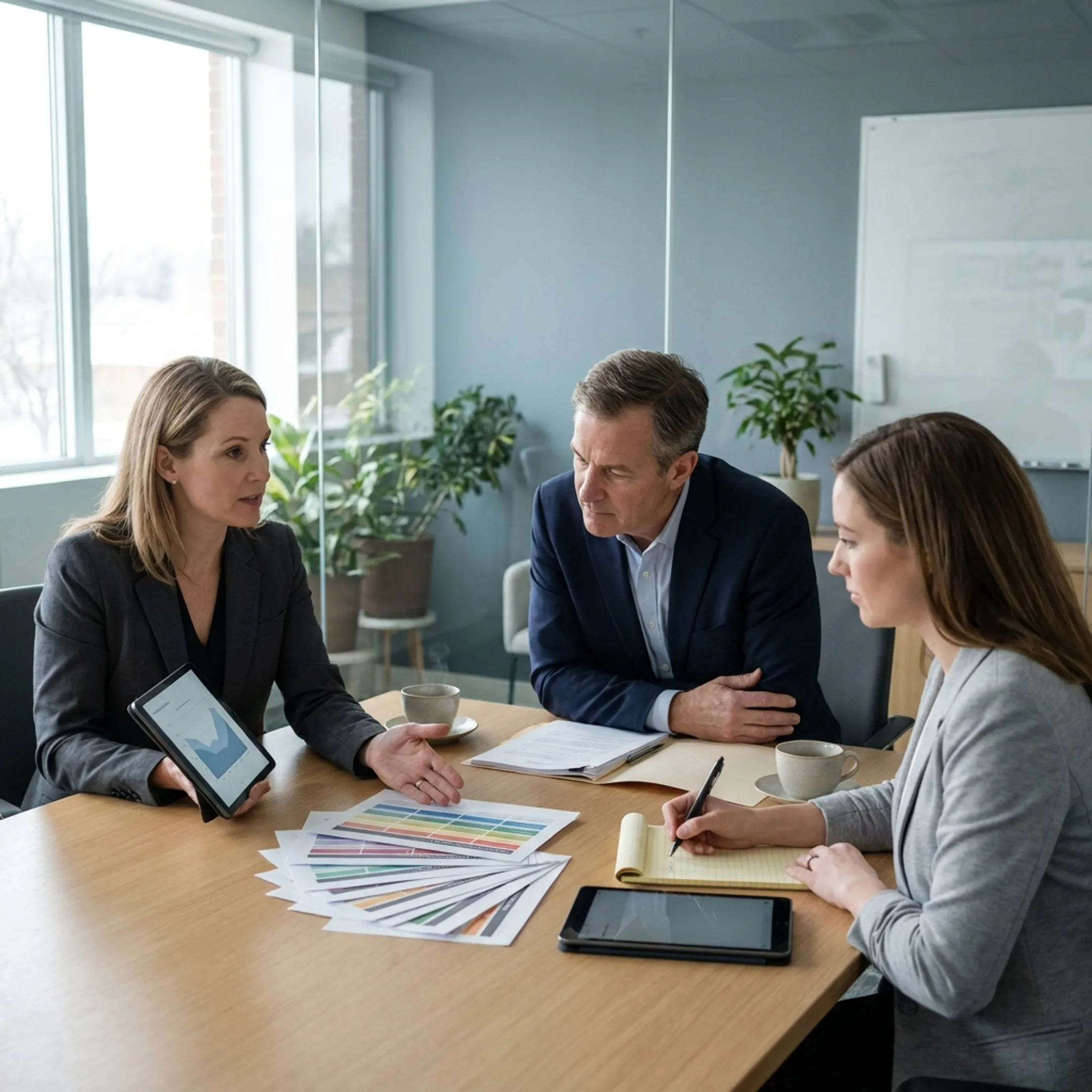 Business team reviewing healthcare network benefits in a bright conference room