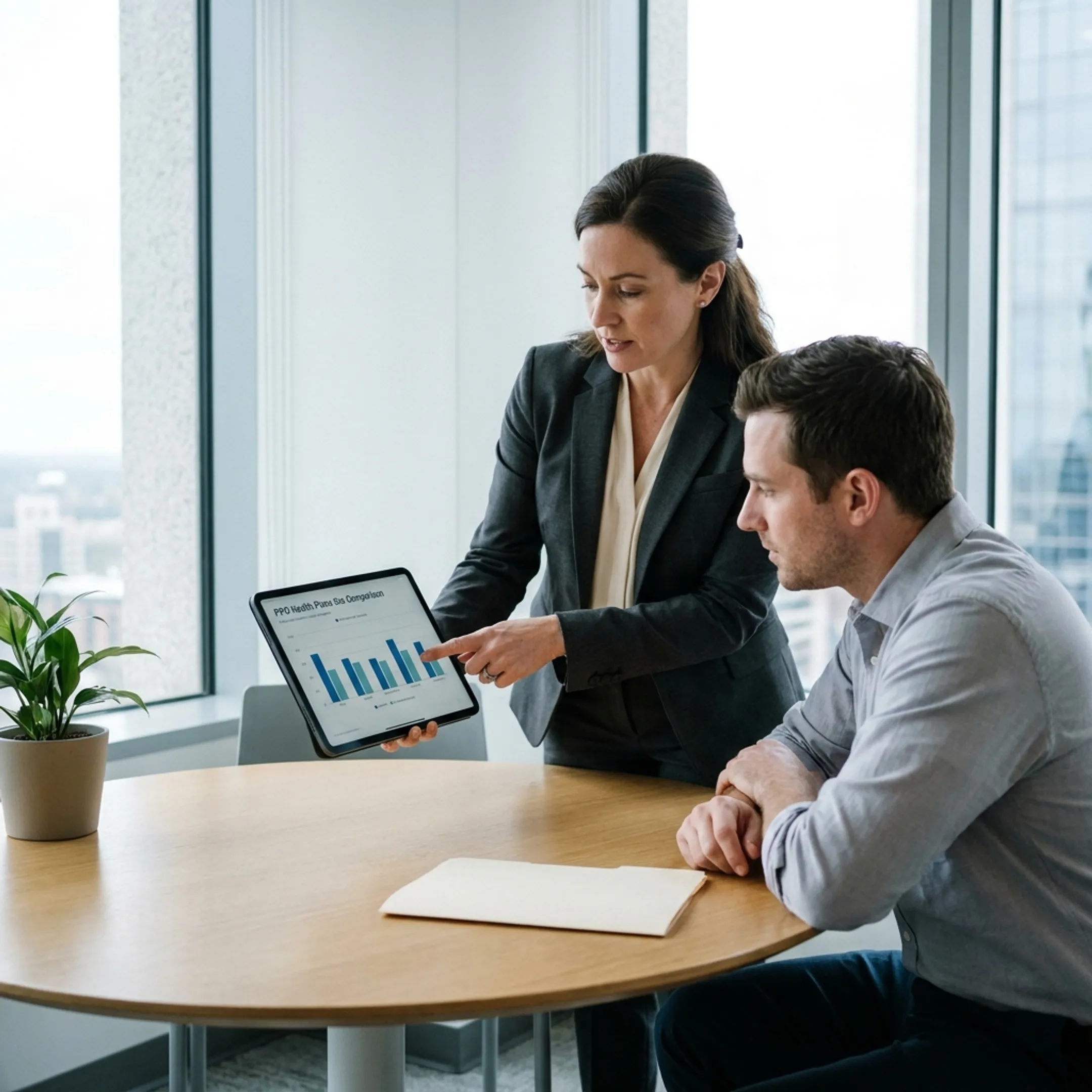 Advisor presenting flexible PPO coverage options on a tablet screen