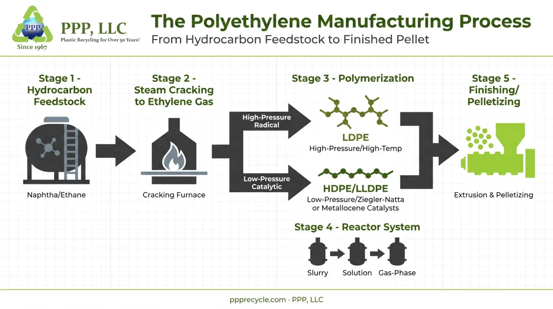 Polyethylene resin production process flow from feedstock to pellets