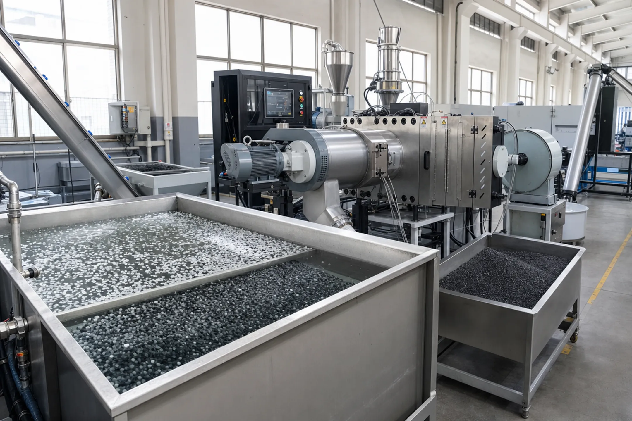 Industrial float-sink tank separating plastic flake from contaminants in recycling facility