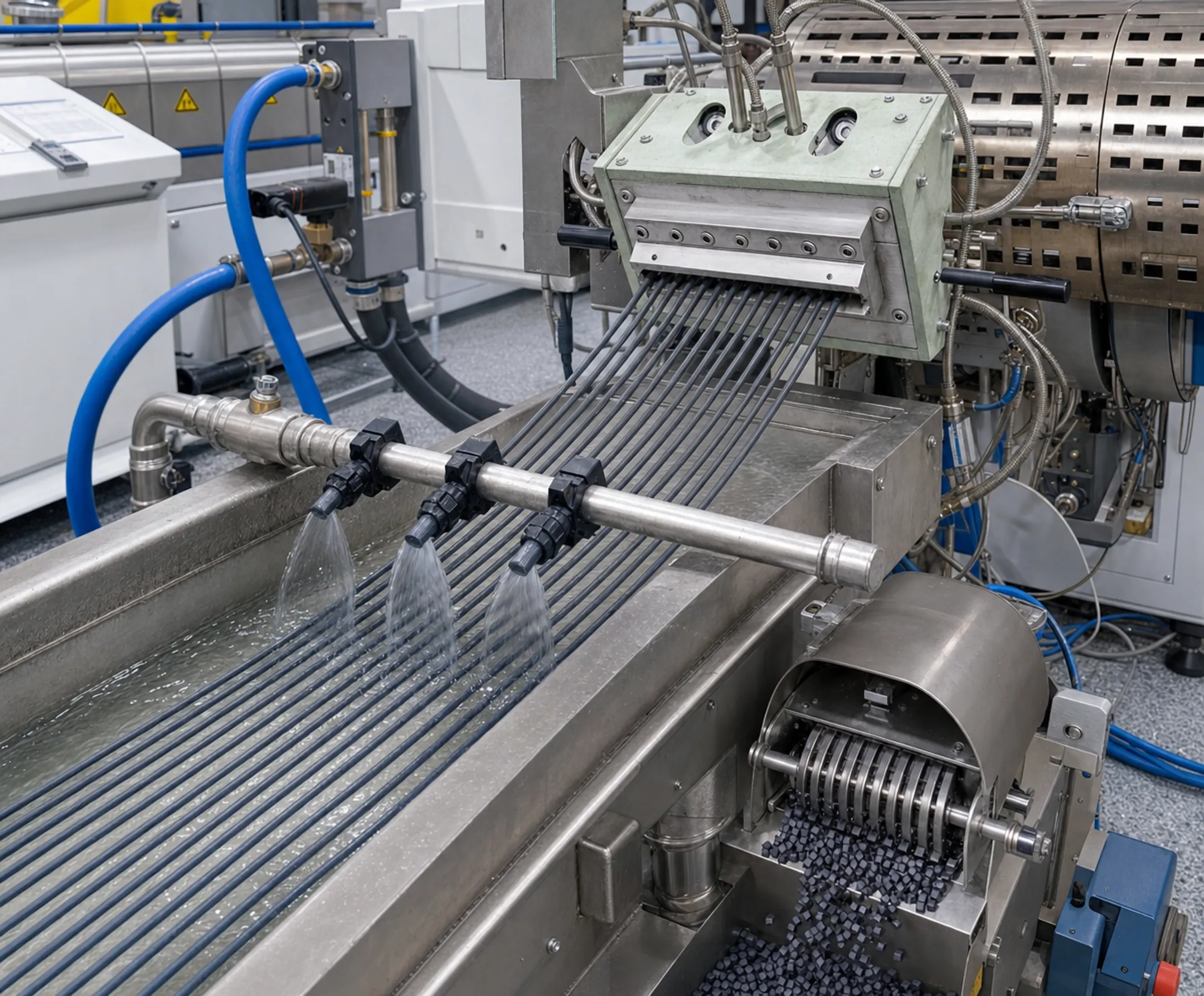 Industrial plastic extrusion line producing recycled HDPE pellets