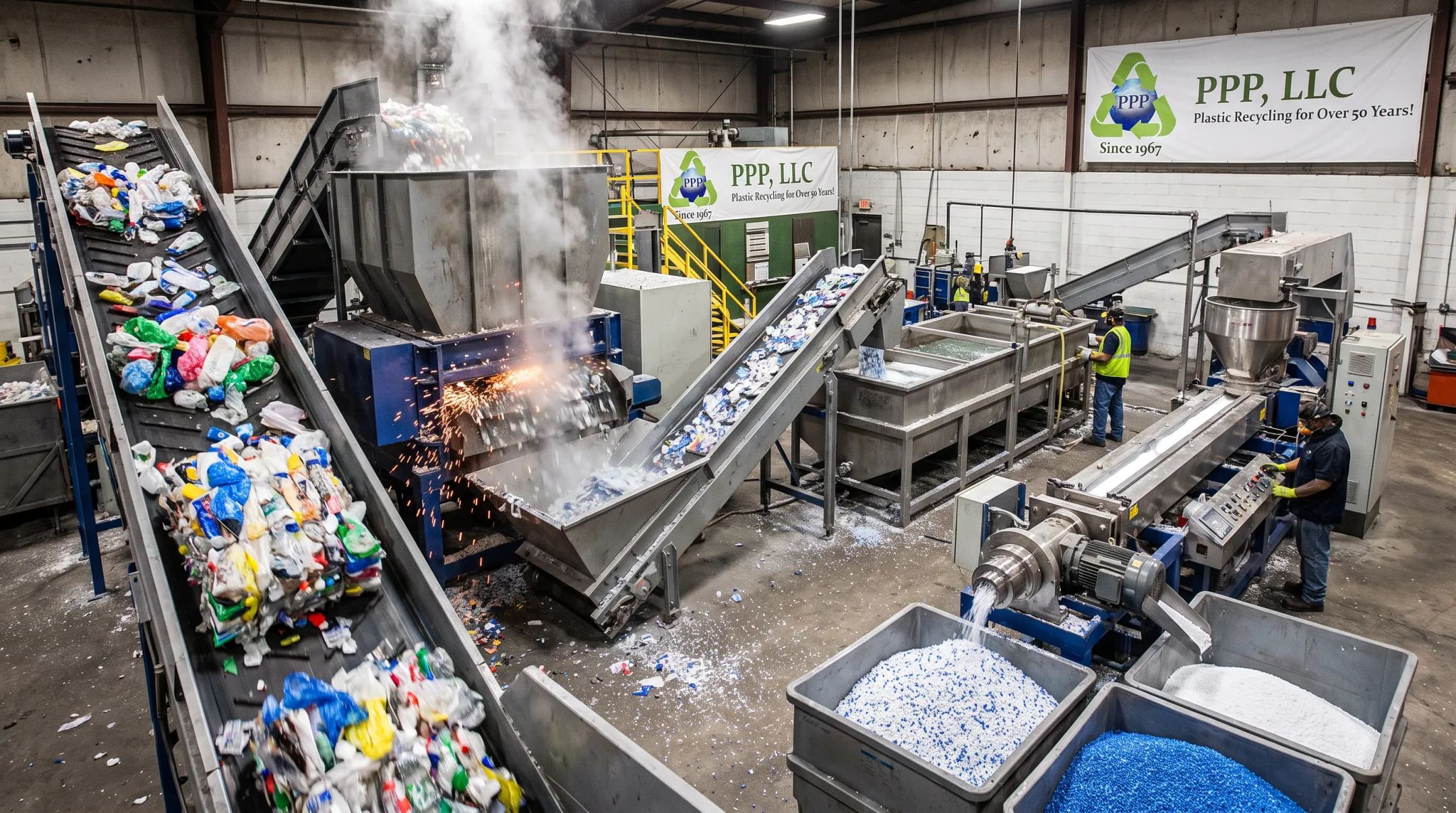 PCR resin recycling facility processing HDPE and LDPE scrap into pellets