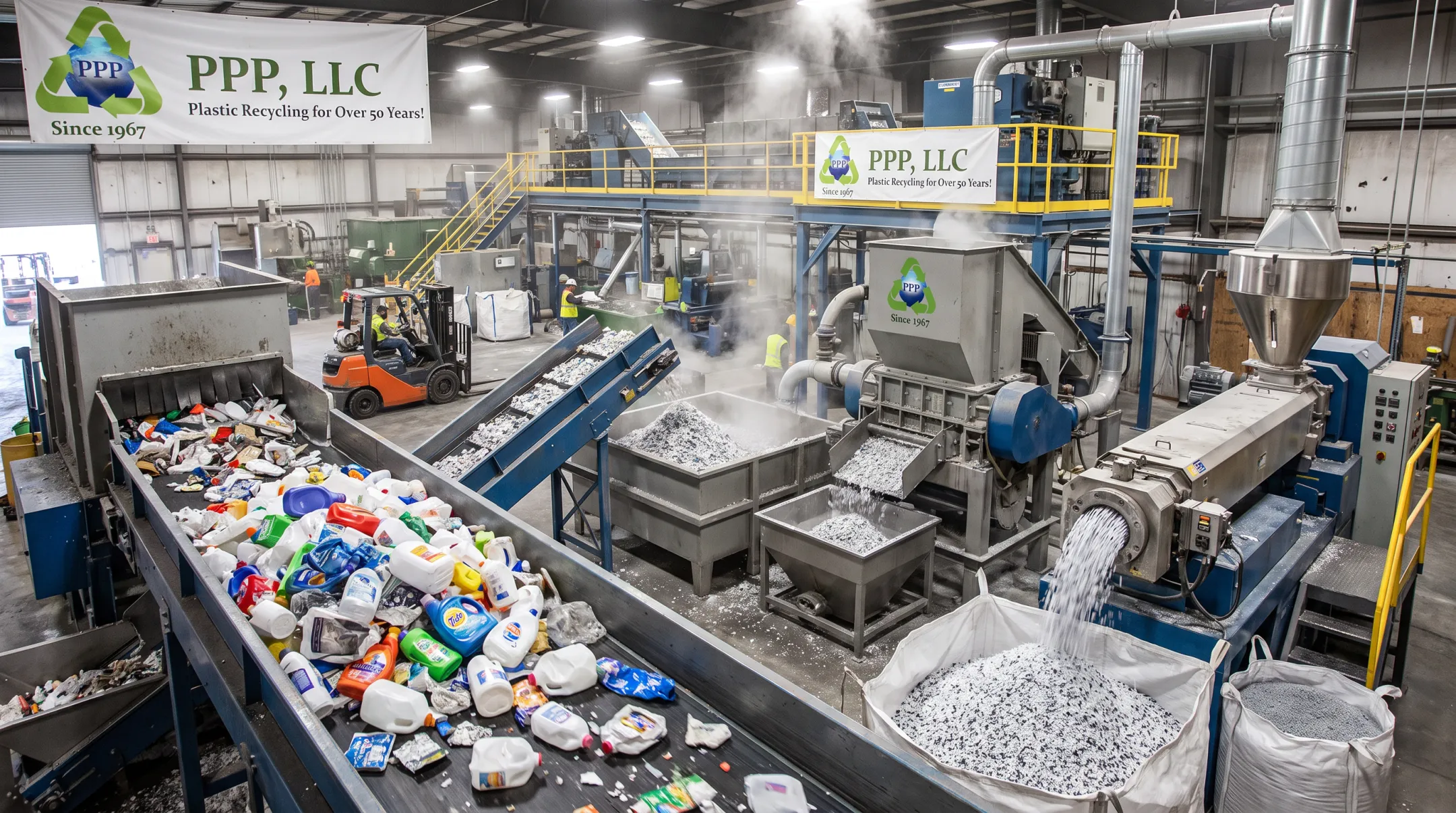 HDPE scrap processing line converting bottles into PCR-certified resin pellets