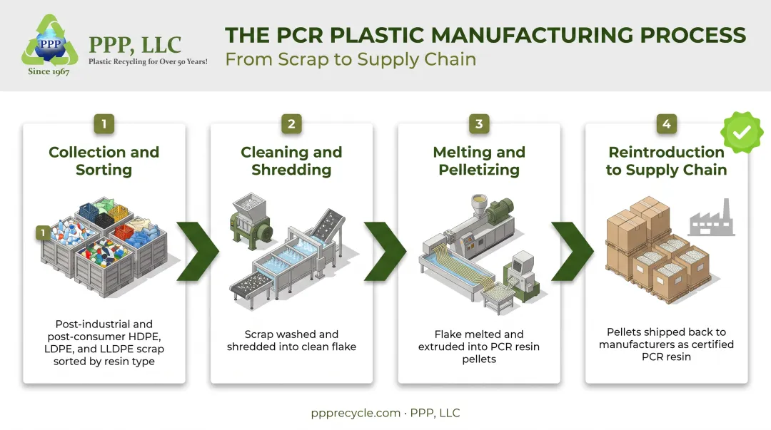 4-step PCR plastic manufacturing process from collection to resin pellets