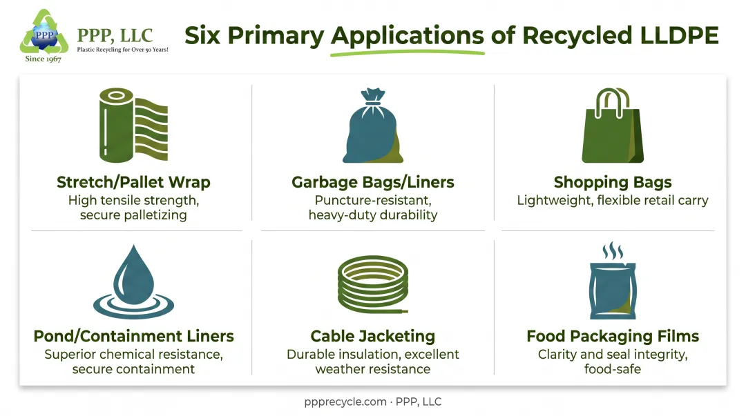Six common industrial applications of LLDPE plastic film infographic
