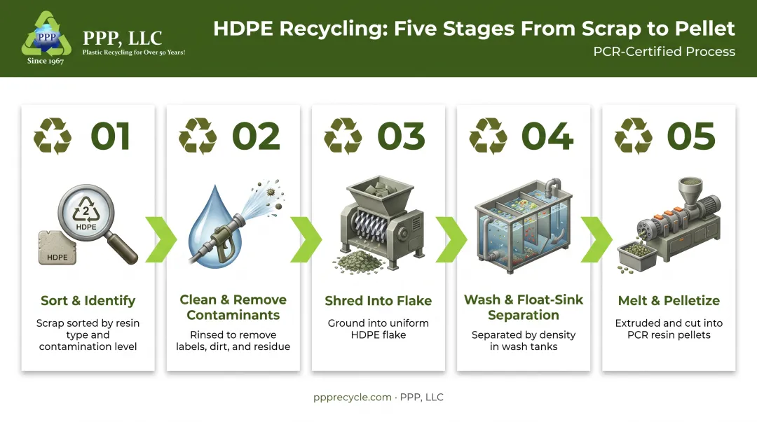5-stage HDPE recycling process from sorting to pelletizing