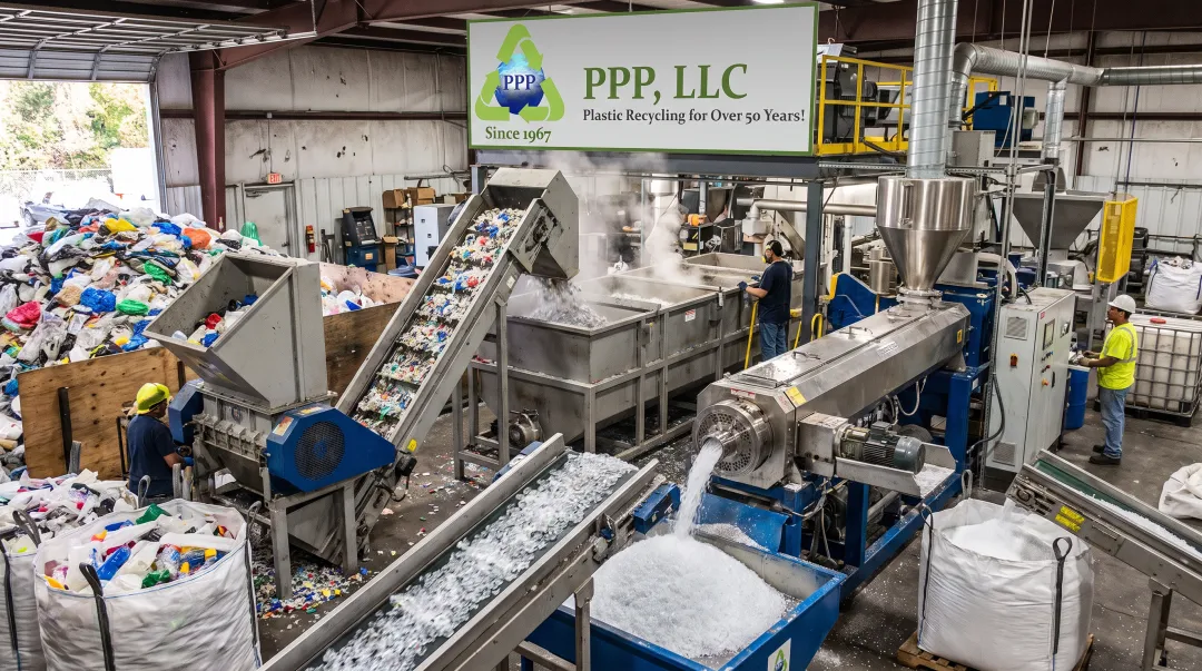 PPP LLC recycling facility processing LDPE scrap into PCR pellets