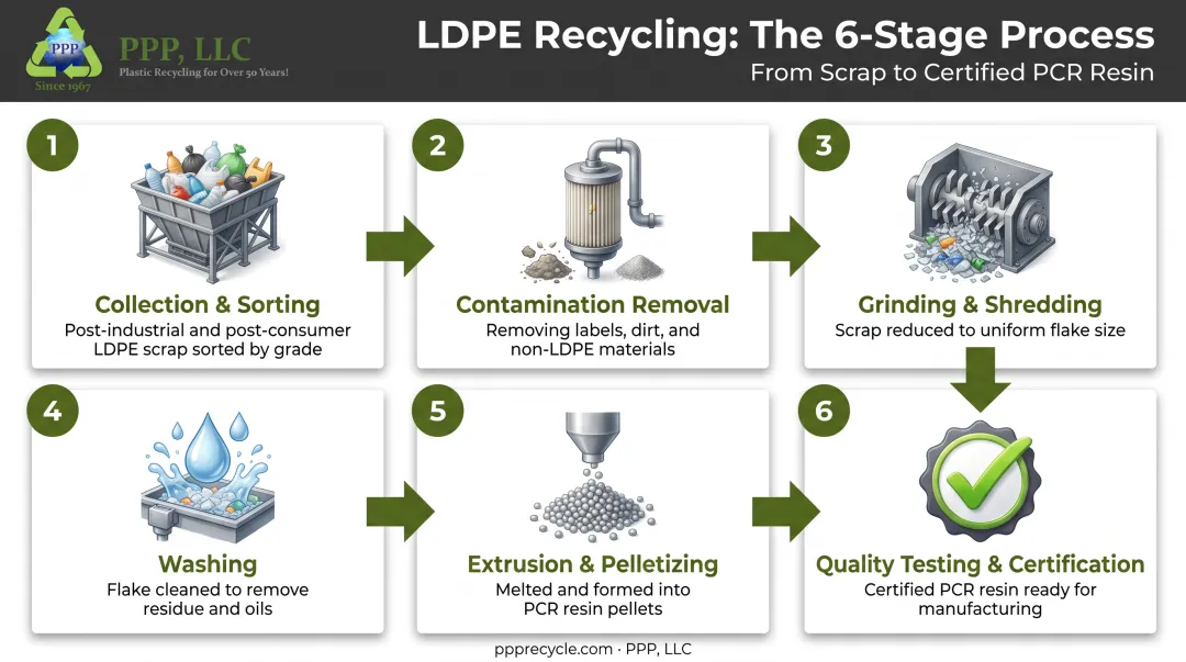 6-step LDPE recycling process from collection to pellet certification