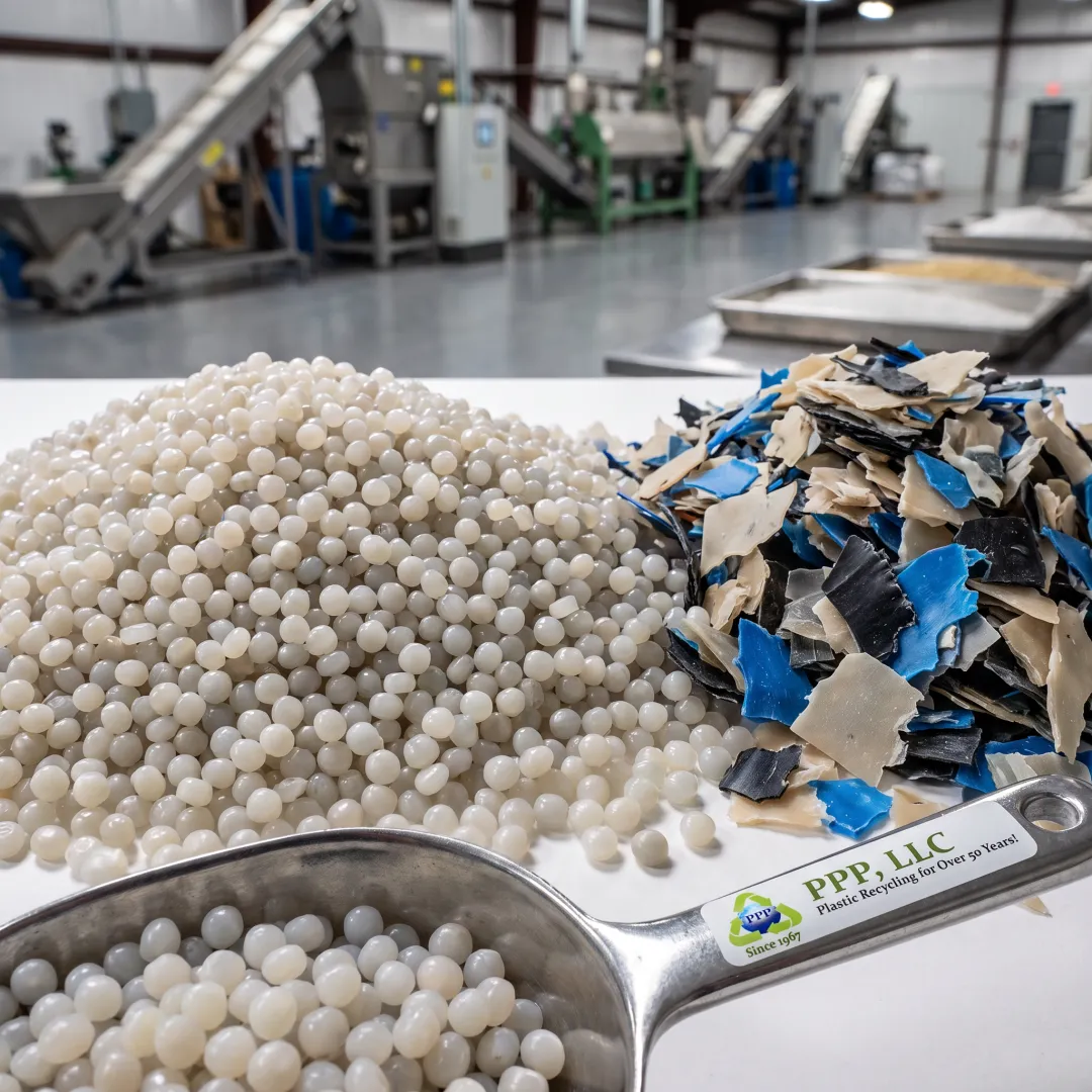 Recycled plastic resin pellets from crate scrap