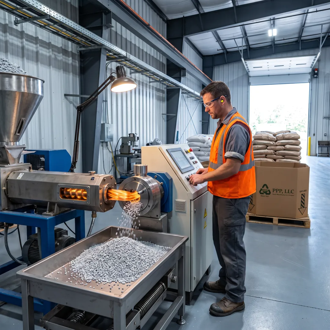 Technician monitoring recycled plastic pellet production