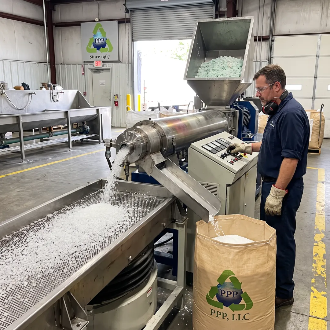 Technician monitoring recycled resin pellet production