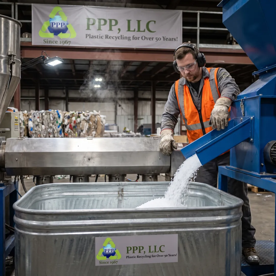 Technician monitoring plastic recycling and pelletizing equipment