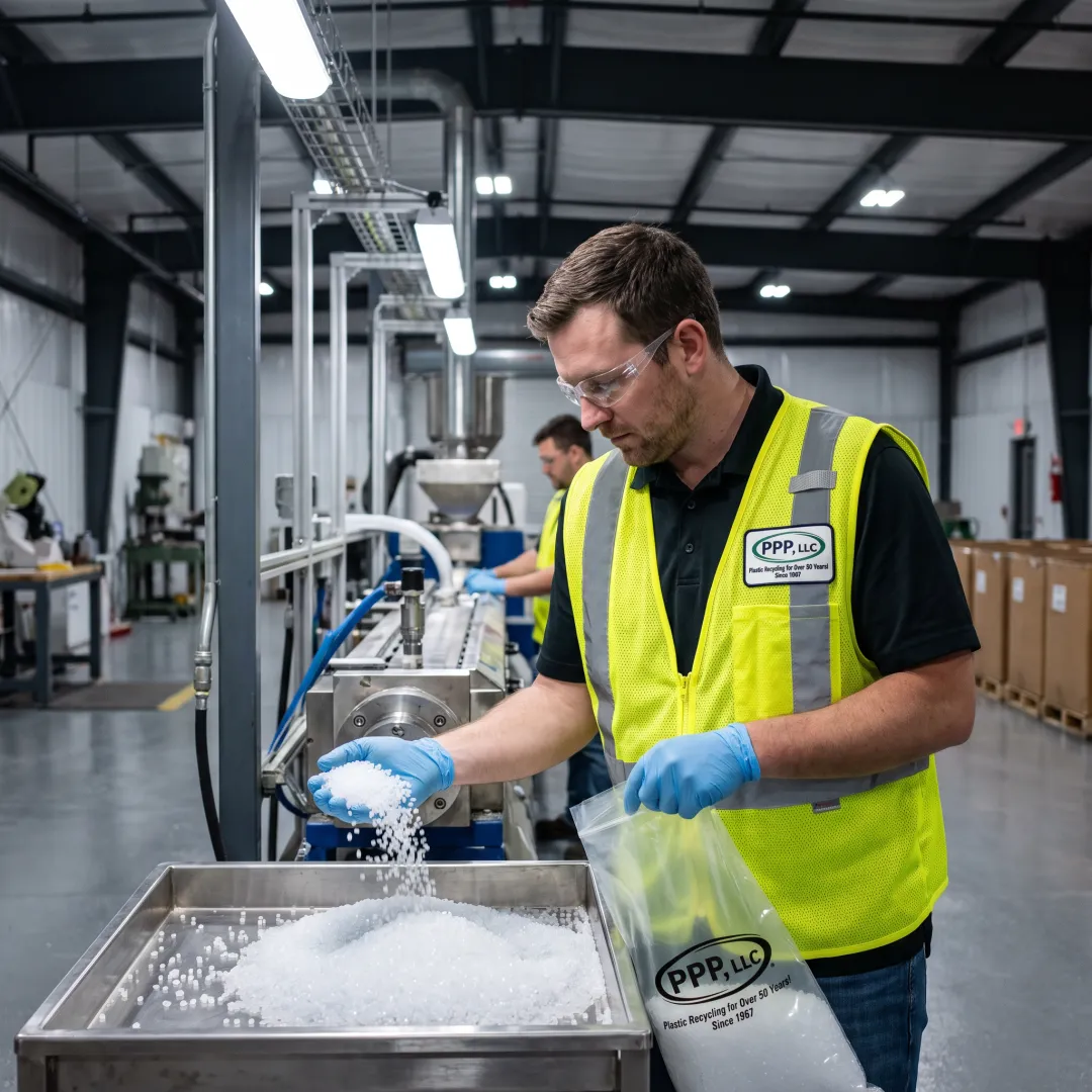 Technician inspecting recycled plastic resin pellets