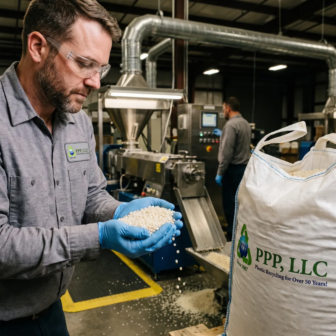 Technician inspecting recycled resin pellets