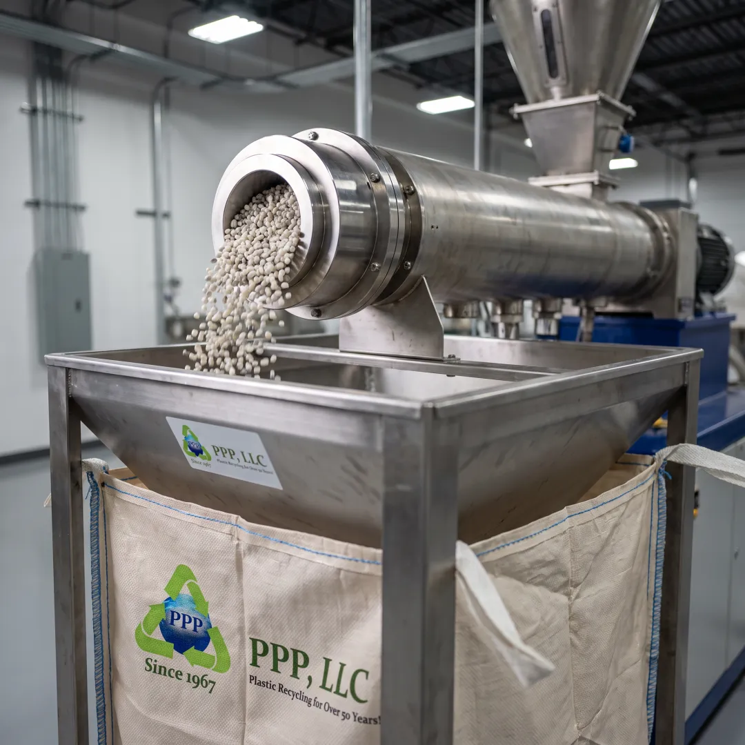 Recycled plastic resin pellets in a manufacturing facility