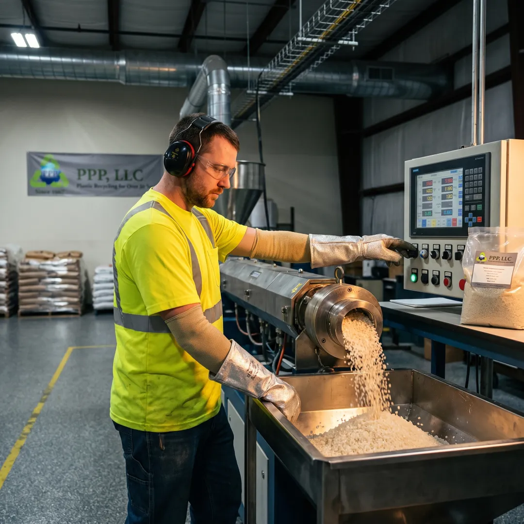 Technician monitoring recycled plastic resin pellet production