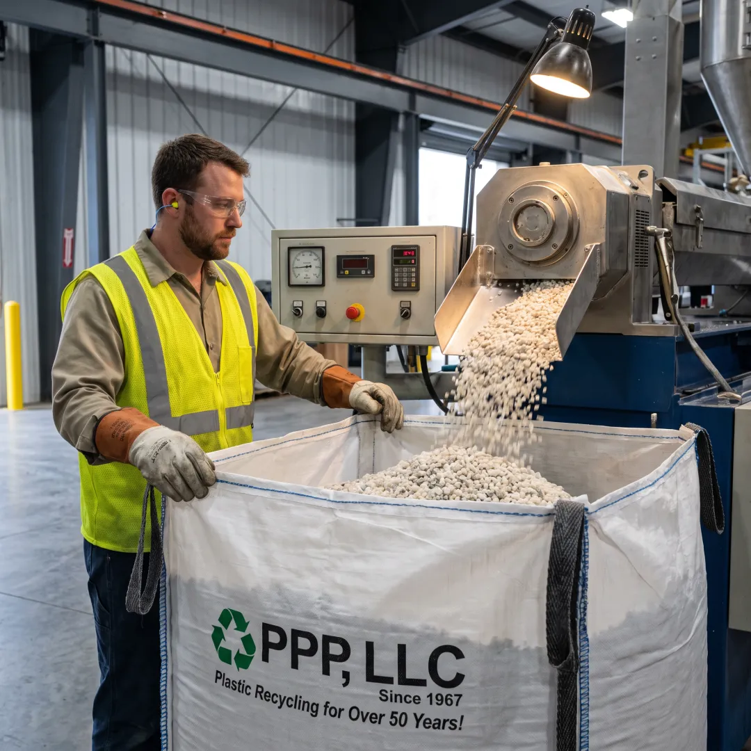 Technician monitoring recycled resin pellet production