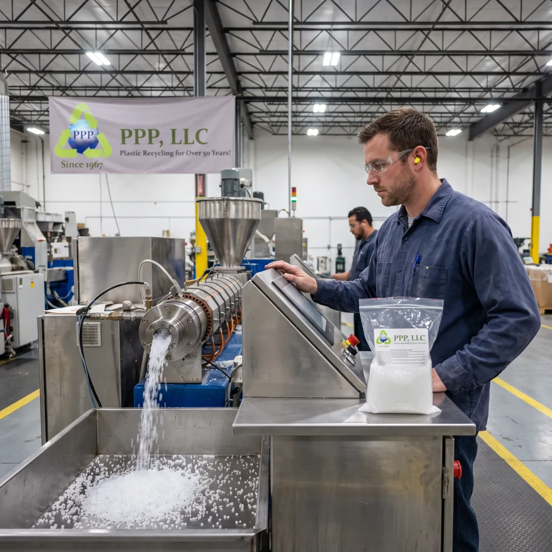 Technician monitoring recycled plastic pelletizing equipment