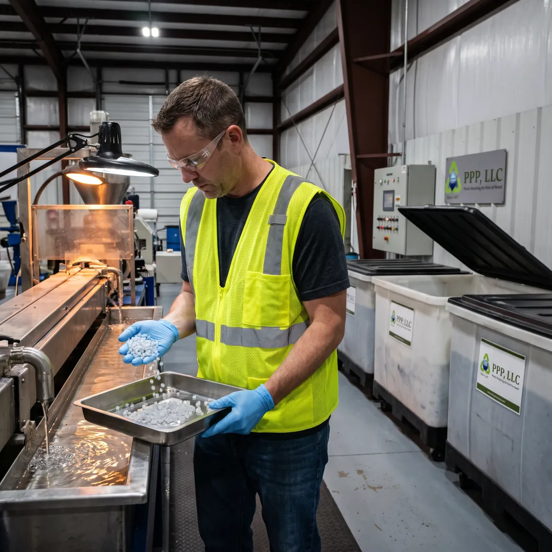 Technician inspecting recycled plastic pellets