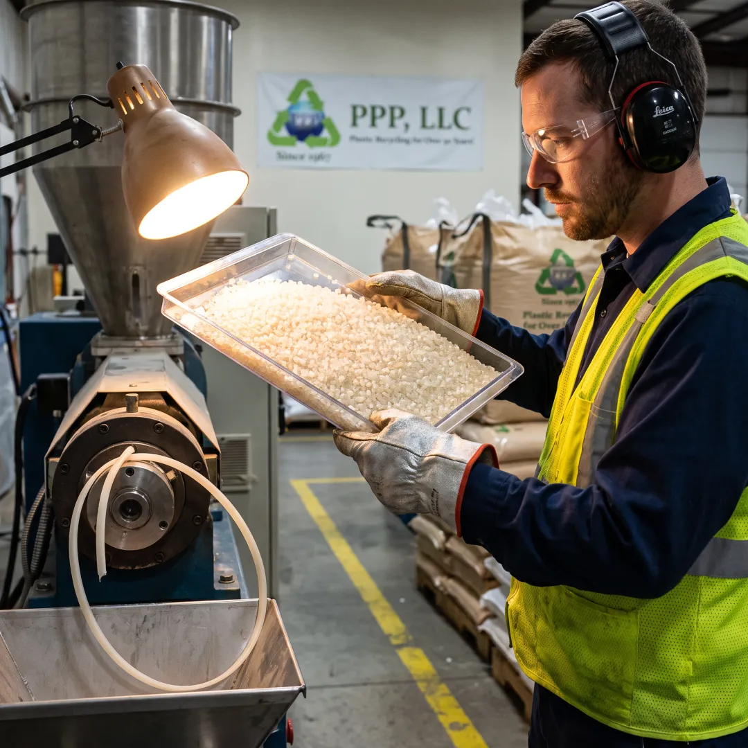 Technician inspecting recycled resin pellets