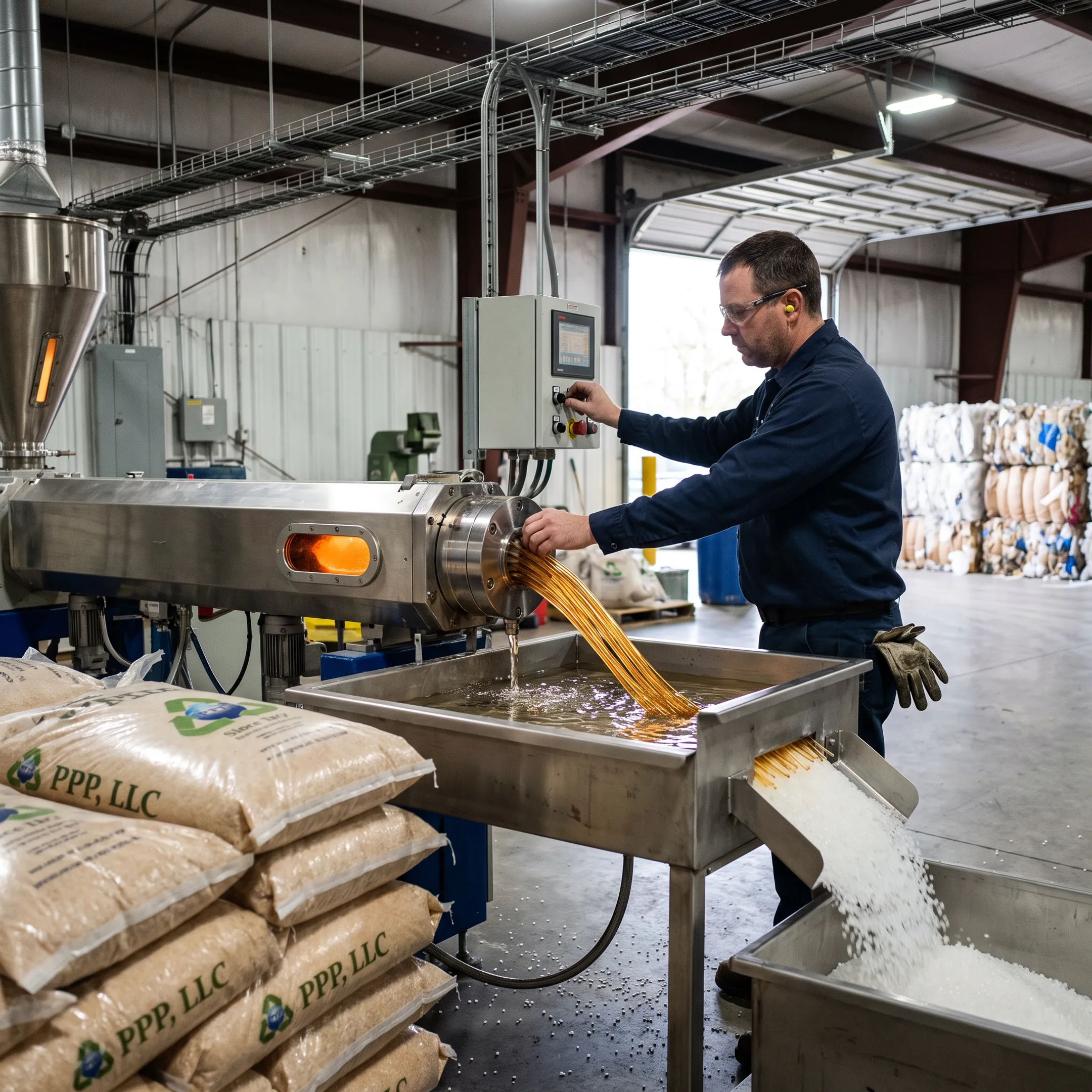 Technician monitoring plastic recycling equipment