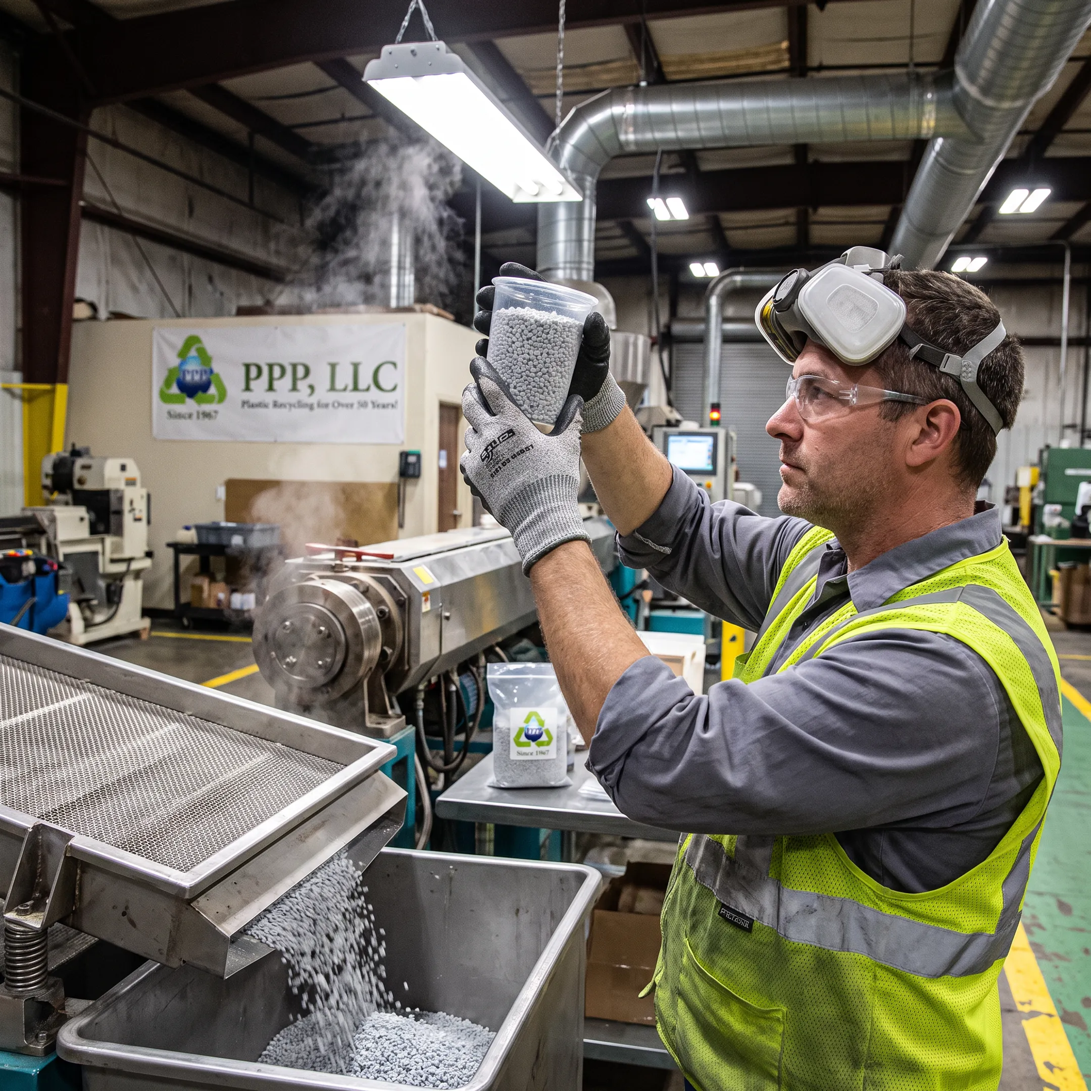 Technician inspecting recycled plastic resin pellets
