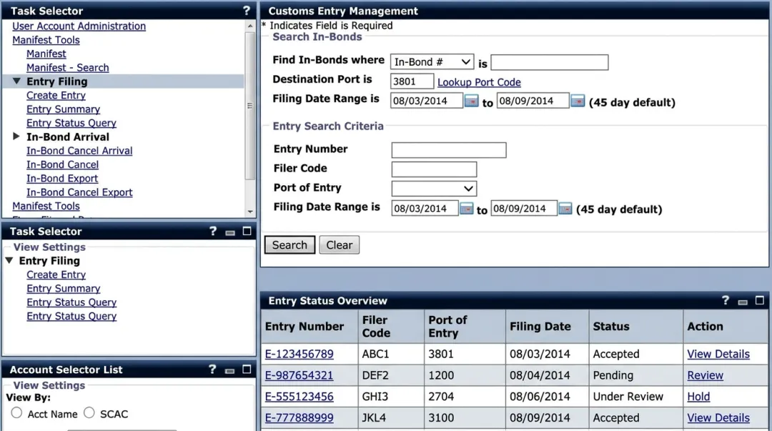 CBP ACE portal interface showing importer entry submission and refund processing dashboard