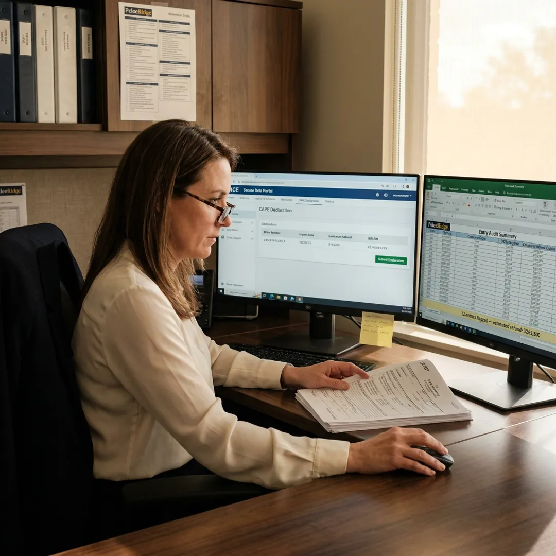 Customs refund specialist preparing CAPE filing