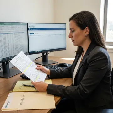 Customs refund specialist reviewing entry records