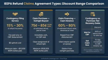 Four claims purchase agreement types with discount ranges comparison infographic