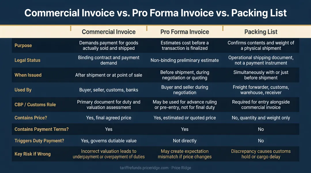 Commercial invoice versus pro forma invoice versus packing list comparison table