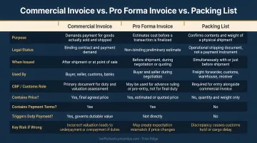 Commercial invoice versus pro forma invoice versus packing list comparison table