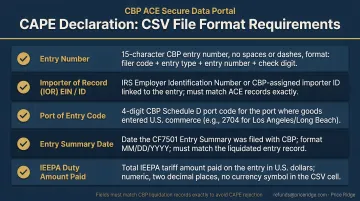 CAPE Declaration CSV file format requirements checklist with five data fields