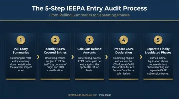 Five-step IEEPA entry audit process from pulling summaries to separating phases