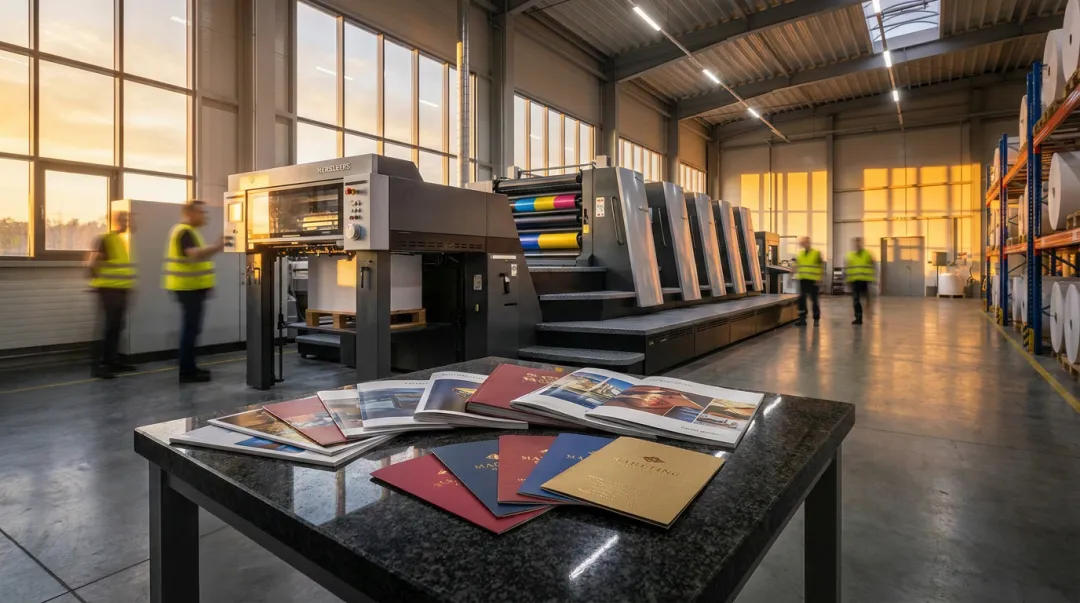 Professional commercial print shop with large-format printing equipment in operation