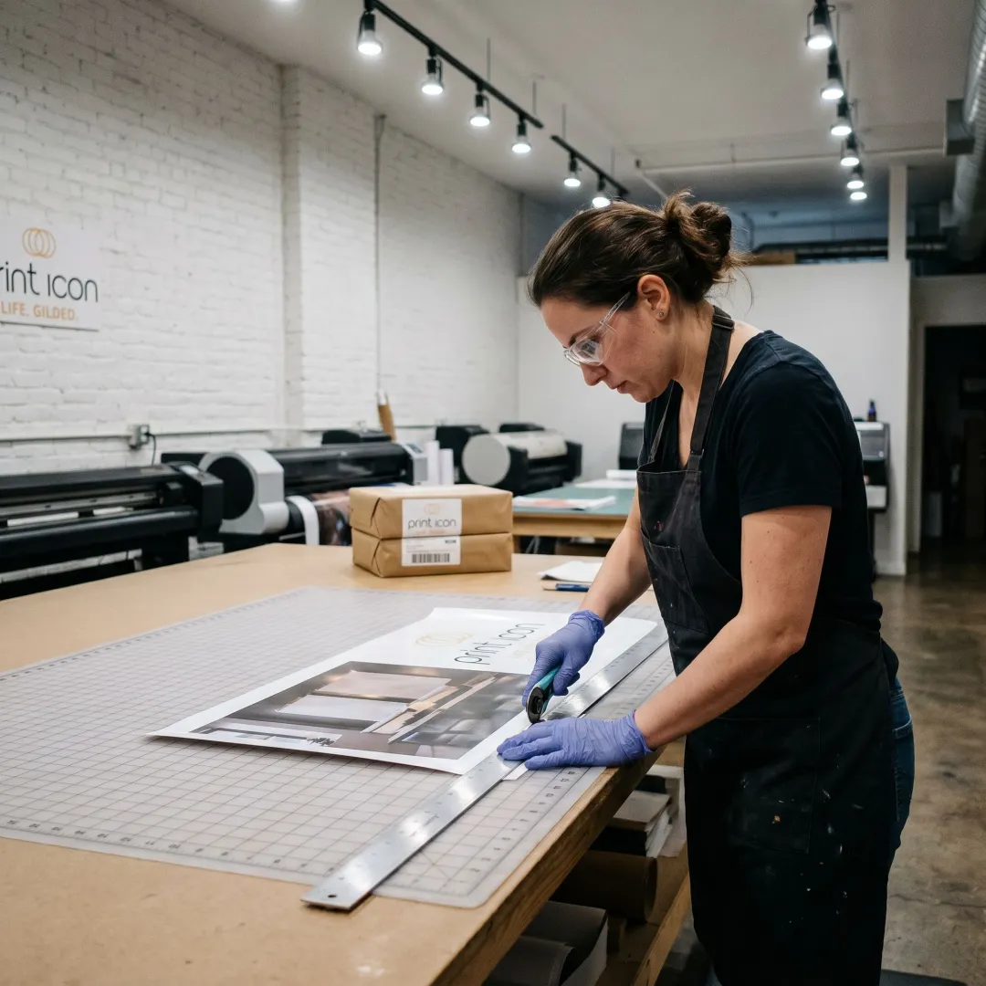 Large format banner being prepared for pickup