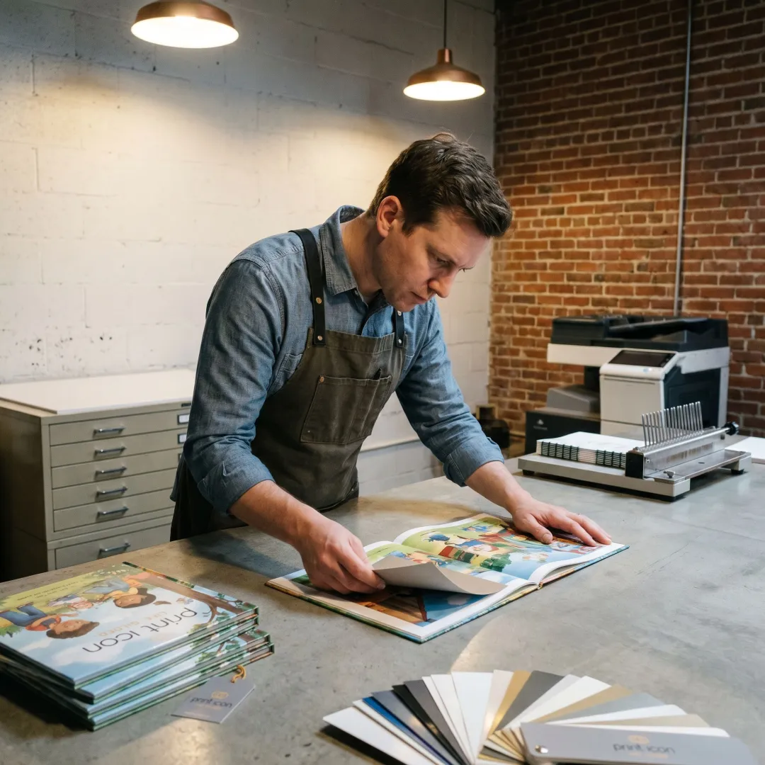Printer reviewing illustrated children’s book proofs