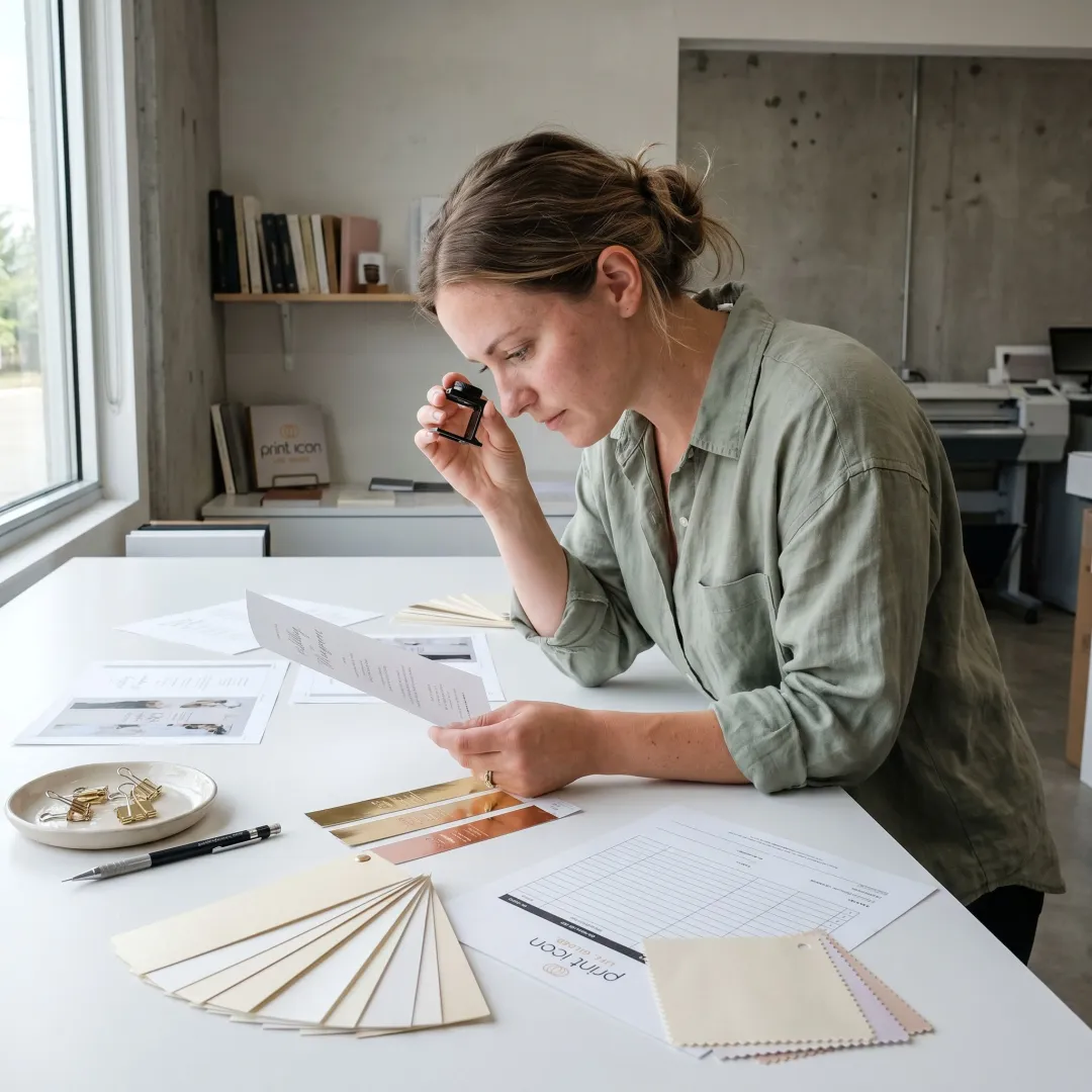Designer reviewing wedding program proofs