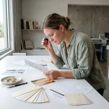 Designer reviewing wedding program proofs