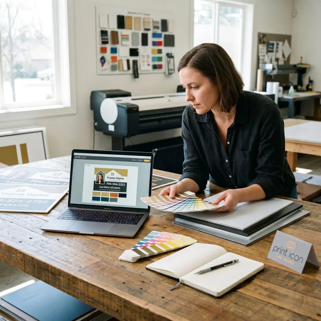 Designer reviewing real estate yard sign proof